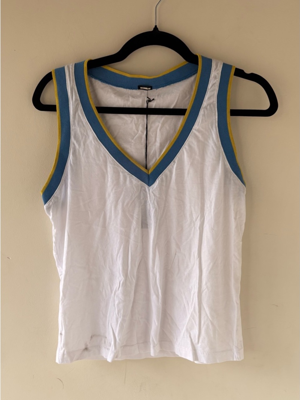 Monrow White V-Neck Tank with Blue and Yellow Trim